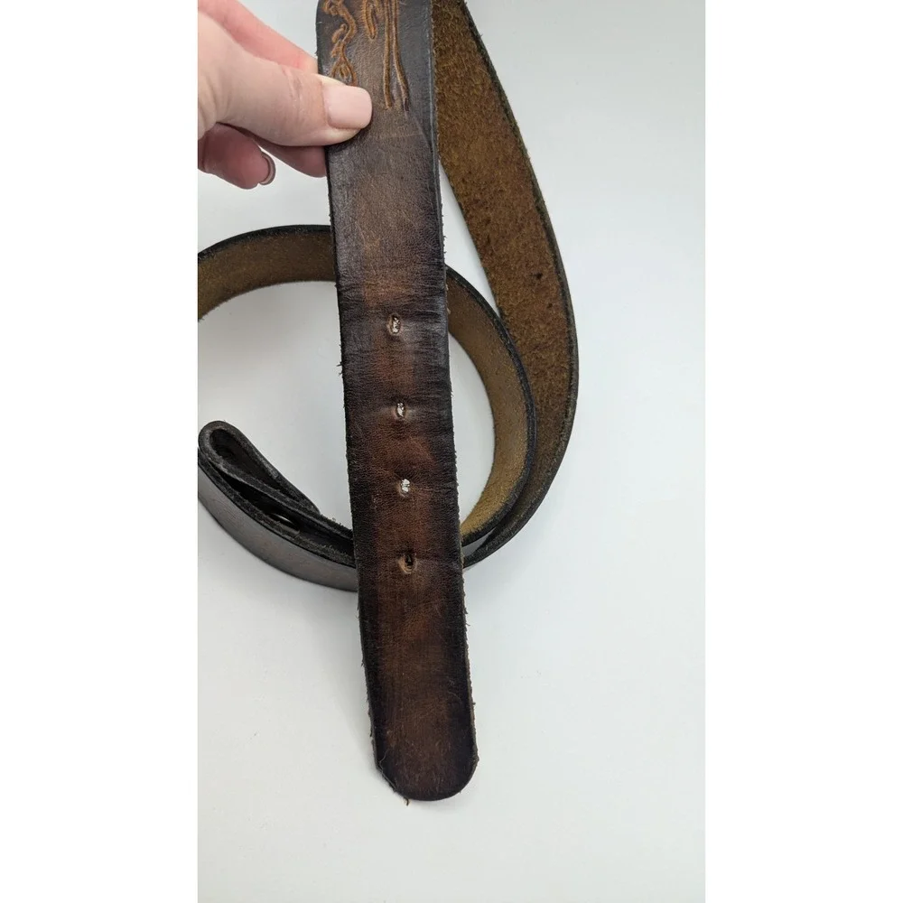 Vintage Hand Tooled 37-40 Leather California Mountain Scene Belt Dark Brown Snap